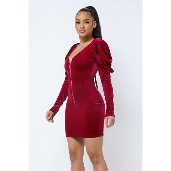 Red Velvet Puff Sleeve V neck Winter Dress - Picture 4 of 6